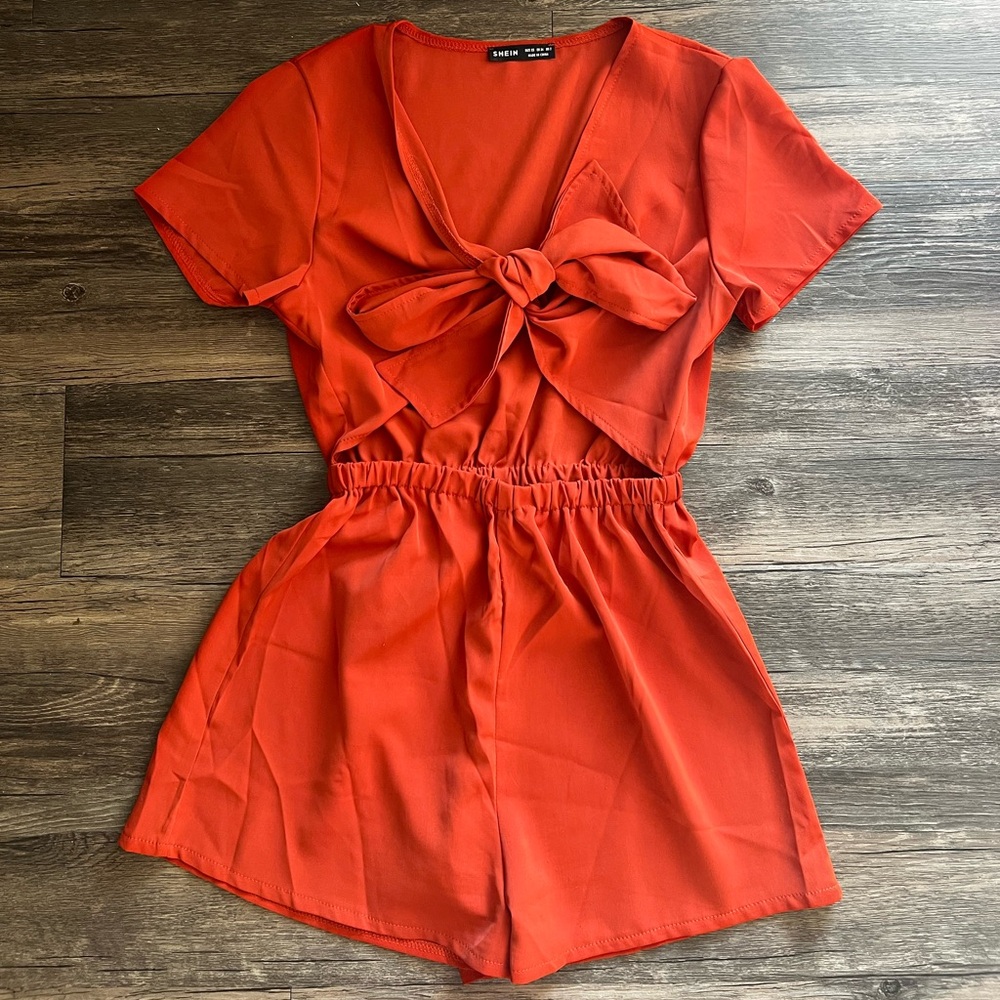 SHEIN Orange Flutter Sleeve Plunge Romper with Front Tie